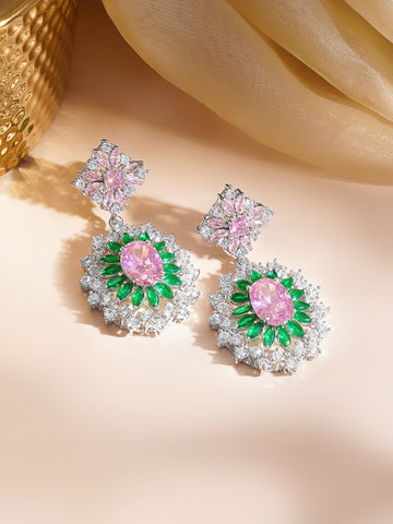 Floral Pink & Green Crystal Drop Earrings