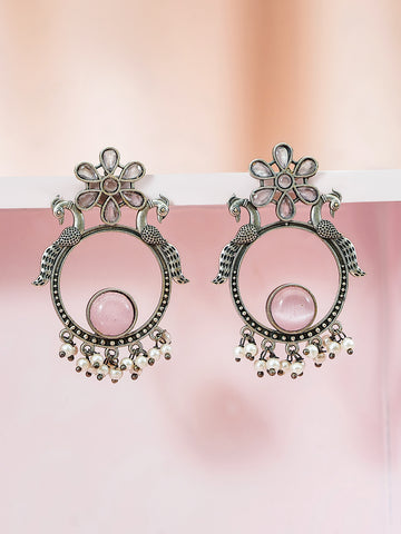 Antique Pink Stone Peacock Chandbali Earrings