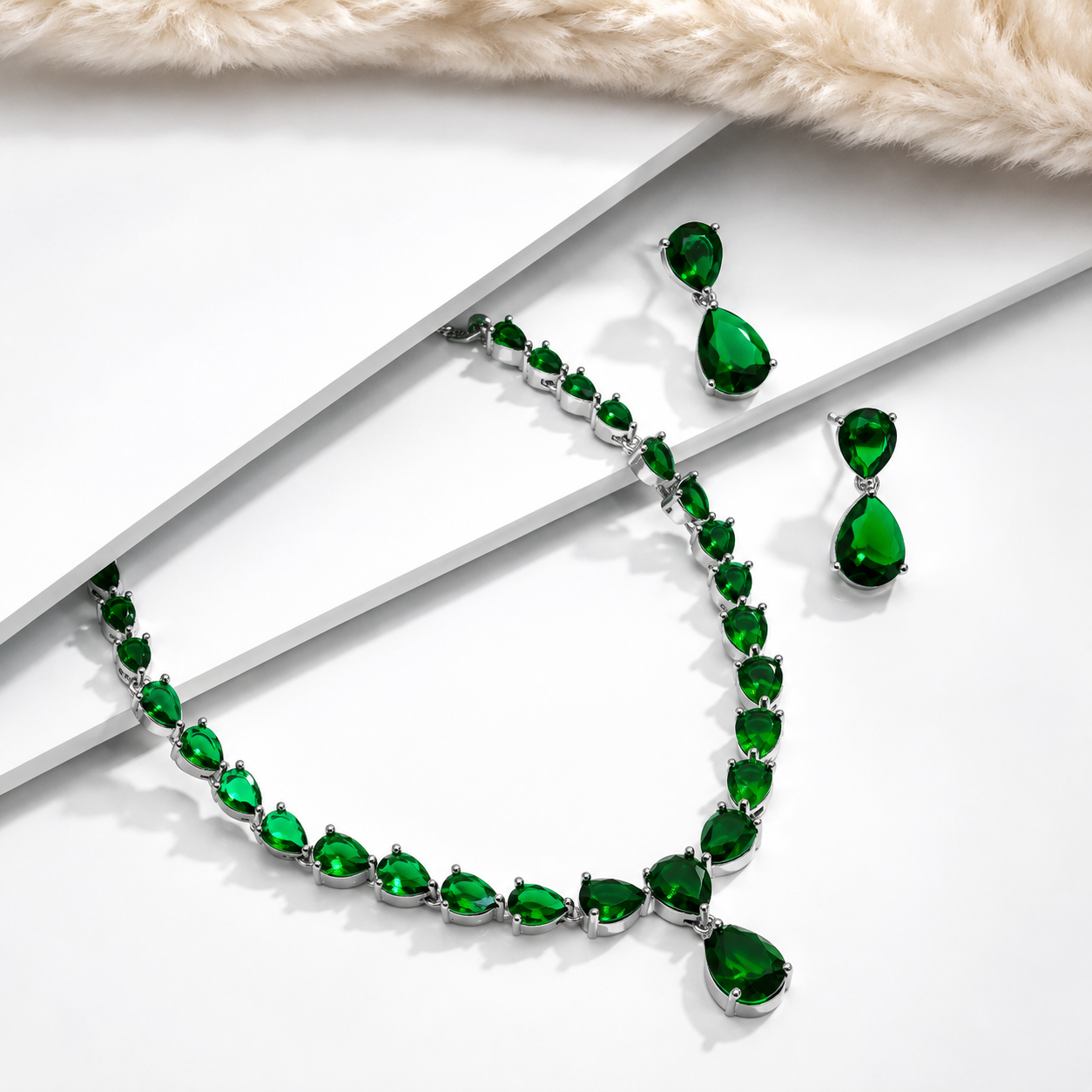 Emerald Green Rhodium Necklace Set