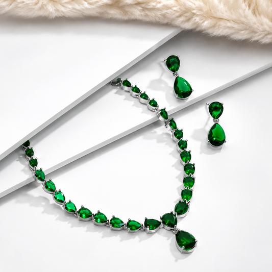 Emerald Green Rhodium Necklace Set