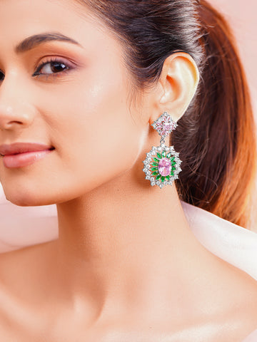 Floral Pink & Green Crystal Drop Earrings